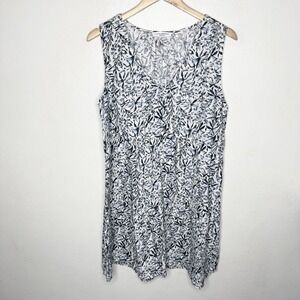 Lucky Brand Blue White Floral Linen V-neck Tiered Dress Beach Boho Women's Large